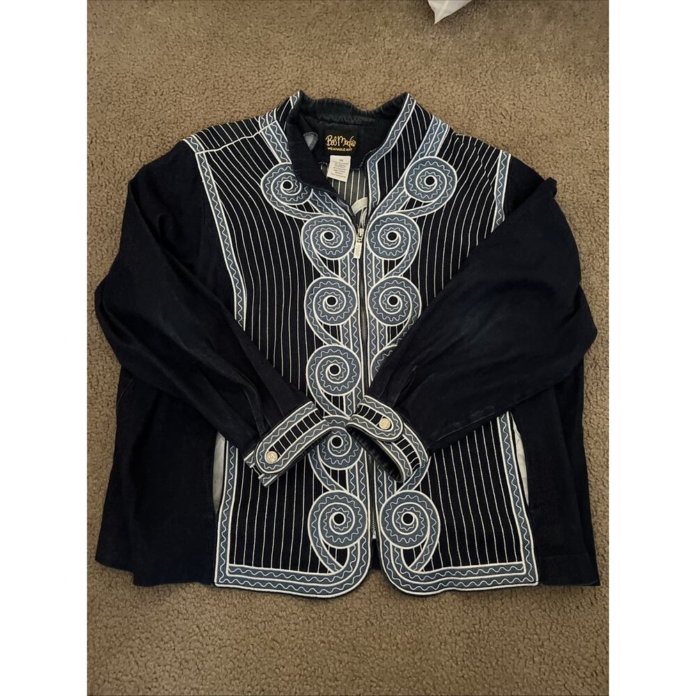 Bob Mackie Wearable Art Jacket Blue Circle Embroidered Design Gray Denim Sz 3XL